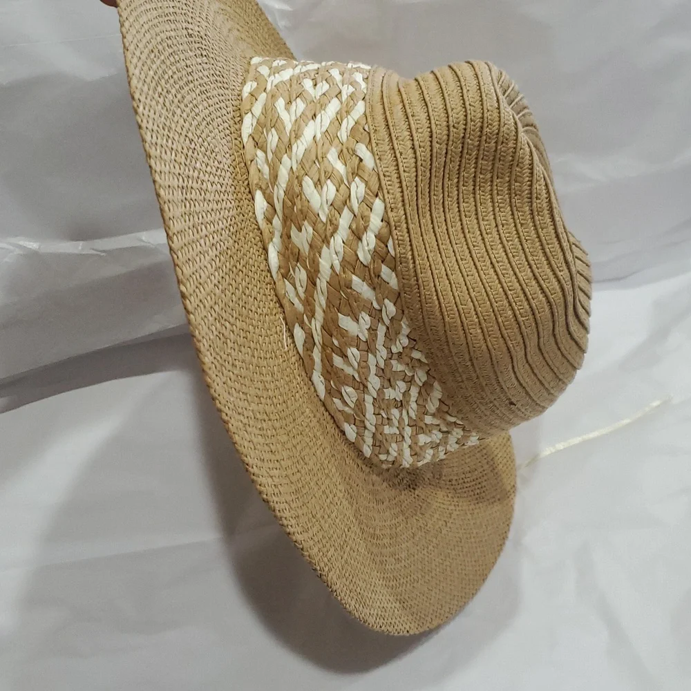 Joe's‎ jean tan cream color block braided detail straw panama style hat new